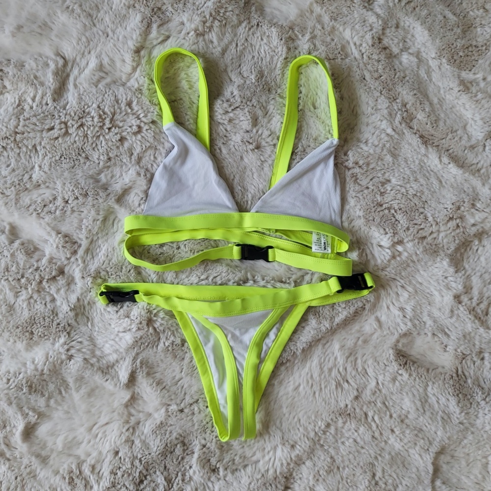Fashion Nova Neon Yellow & White Strappy Bikini Set